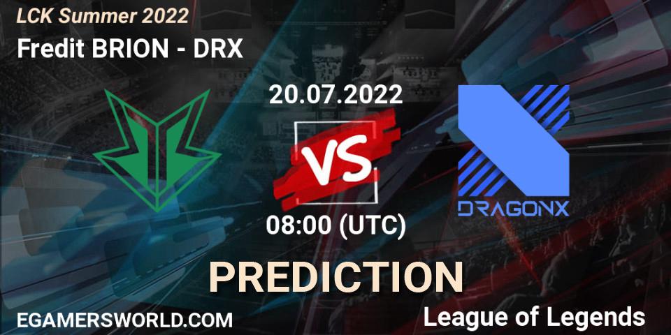 Fredit BRION vs DRX: Betting TIp, Match Prediction. 20.07.2022 at 08:00. LoL, LCK Summer 2022