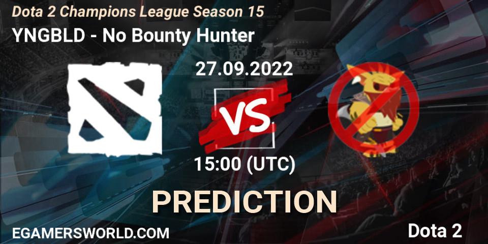 YNGBLD vs No Bounty Hunter: Betting TIp, Match Prediction. 27.09.2022 at 15:16. Dota 2, Dota 2 Champions League Season 15