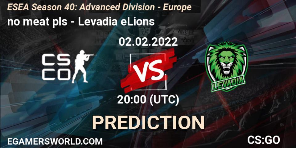 no meat pls vs Levadia eLions: Betting TIp, Match Prediction. 02.02.2022 at 20:00. Counter-Strike (CS2), ESEA Season 40: Advanced Division - Europe