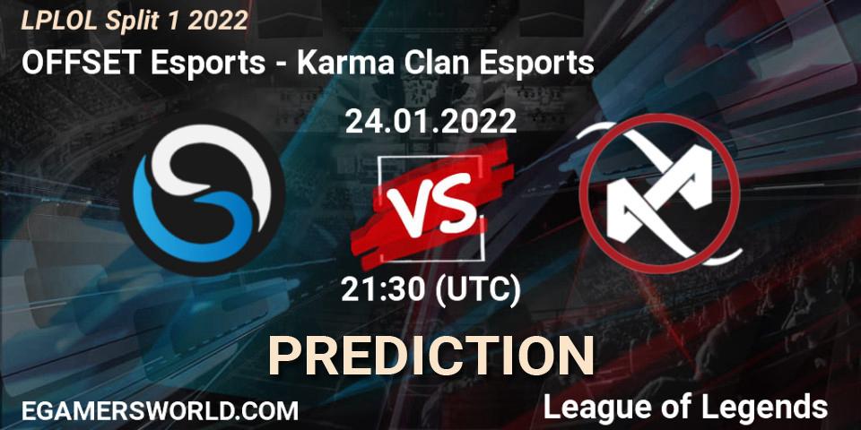OFFSET Esports vs Karma Clan Esports: Betting TIp, Match Prediction. 24.01.2022 at 21:10. LoL, LPLOL Split 1 2022