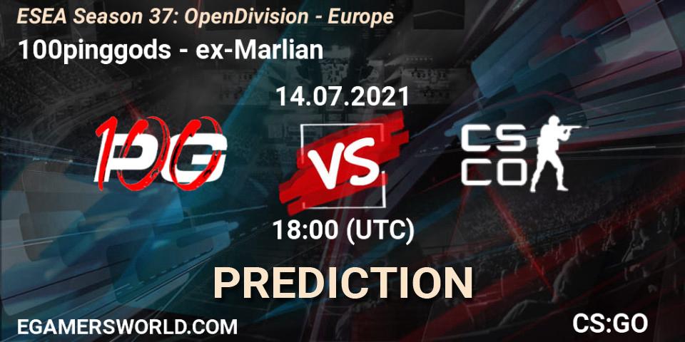 100pinggods vs ex-Marlian: Betting TIp, Match Prediction. 14.07.2021 at 18:00. Counter-Strike (CS2), ESEA Season 37: Open Division - Europe