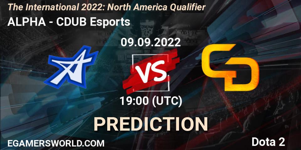 ALPHA vs CDUB Esports: Betting TIp, Match Prediction. 09.09.2022 at 19:41. Dota 2, The International 2022: North America Qualifier
