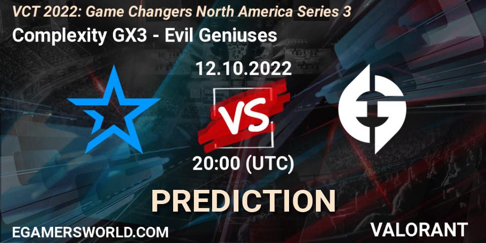 Complexity GX3 vs Evil Geniuses: Betting TIp, Match Prediction. 12.10.2022 at 20:10. VALORANT, VCT 2022: Game Changers North America Series 3