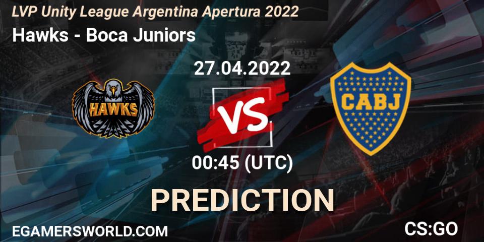 Hawks vs Boca Juniors: Betting TIp, Match Prediction. 27.04.2022 at 00:45. Counter-Strike (CS2), LVP Unity League Argentina Apertura 2022