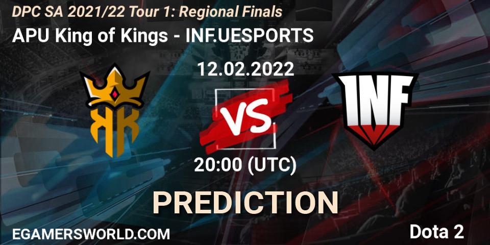 APU King of Kings vs INF.UESPORTS: Betting TIp, Match Prediction. 12.02.2022 at 20:06. Dota 2, DPC SA 2021/22 Tour 1: Regional Finals