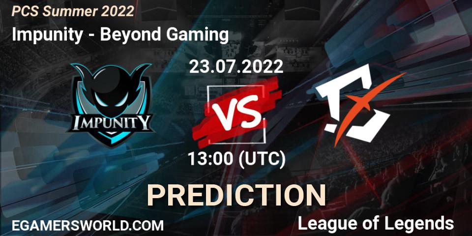 Impunity vs Beyond Gaming: Betting TIp, Match Prediction. 23.07.2022 at 13:00. LoL, PCS Summer 2022