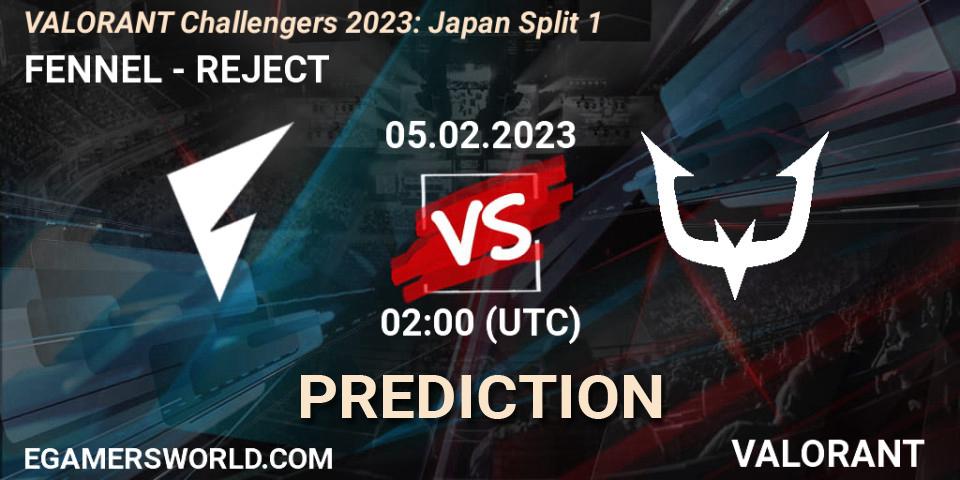 FENNEL vs REJECT: Betting TIp, Match Prediction. 05.02.2023 at 02:00. VALORANT, VALORANT Challengers 2023: Japan Split 1
