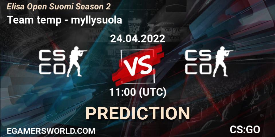 Team temp vs myllysuola: Betting TIp, Match Prediction. 24.04.2022 at 11:00. Counter-Strike (CS2), Elisa Open Suomi Season 2