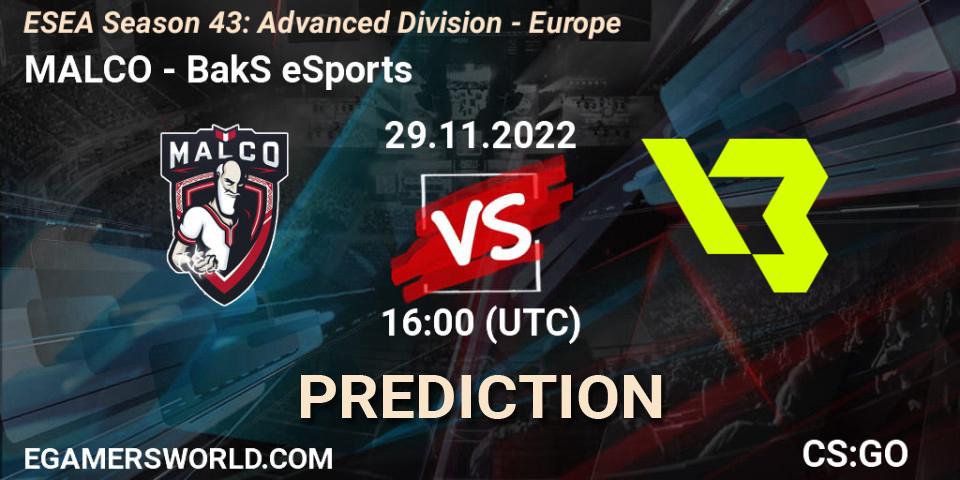 MALCO vs BakS eSports: Betting TIp, Match Prediction. 29.11.22. CS2 (CS:GO), ESEA Season 43: Advanced Division - Europe