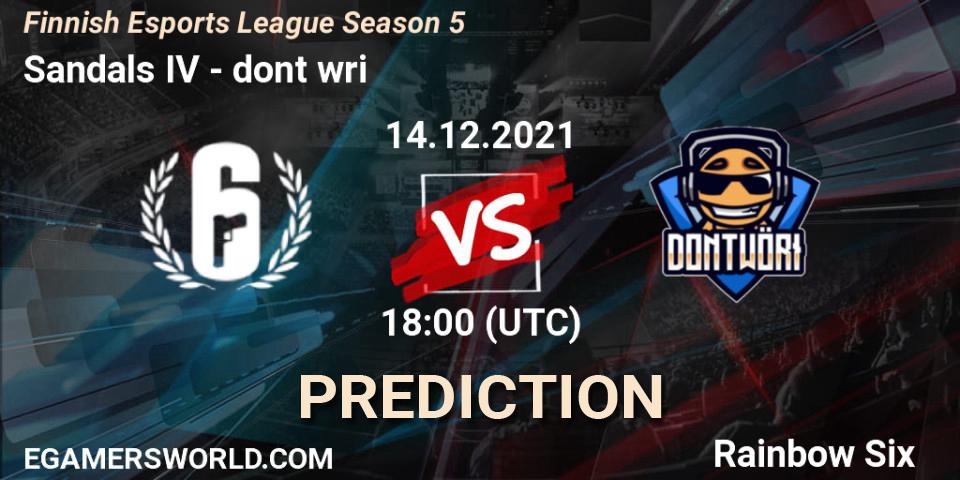 Sandals IV vs dont wöri: Betting TIp, Match Prediction. 14.12.2021 at 18:00. Rainbow Six, Finnish Esports League Season 5