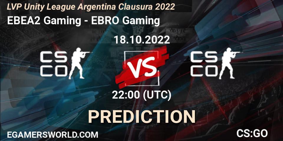 EBEA2 Gaming vs EBRO Gaming: Betting TIp, Match Prediction. 18.10.2022 at 22:00. Counter-Strike (CS2), LVP Unity League Argentina Clausura 2022