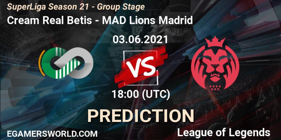 Cream Real Betis vs MAD Lions Madrid: Betting TIp, Match Prediction. 03.06.2021 at 18:00. LoL, SuperLiga Season 21 - Group Stage 