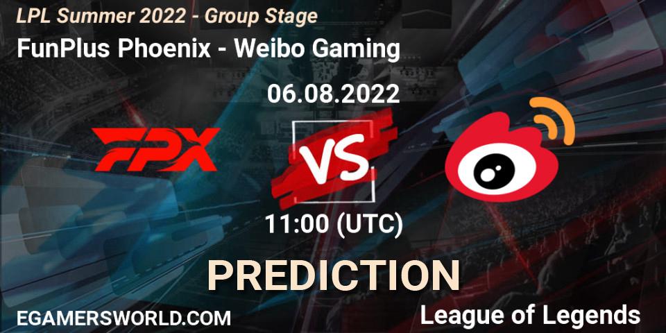 FunPlus Phoenix vs Weibo Gaming: Betting TIp, Match Prediction. 06.08.2022 at 12:00. LoL, LPL Summer 2022 - Group Stage