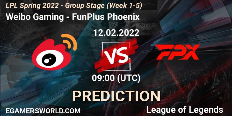 Weibo Gaming vs FunPlus Phoenix: Betting TIp, Match Prediction. 12.02.2022 at 09:00. LoL, LPL Spring 2022 - Group Stage (Week 1-5)