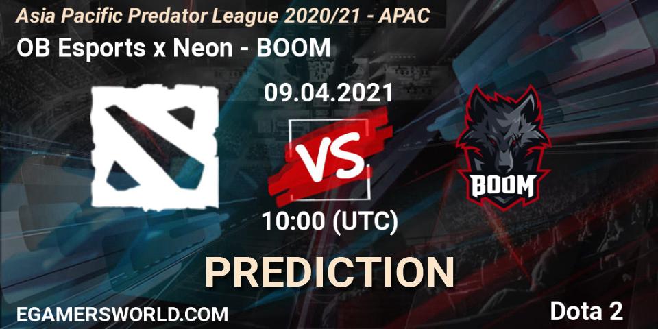 OB Esports x Neon vs BOOM: Betting TIp, Match Prediction. 09.04.2021 at 09:09. Dota 2, Asia Pacific Predator League 2020/21 - APAC