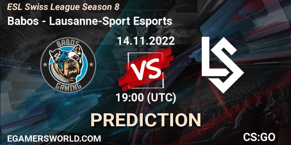 Babos vs Lausanne-Sport Esports: Betting TIp, Match Prediction. 14.11.2022 at 19:00. Counter-Strike (CS2), ESL Swiss League Season 8