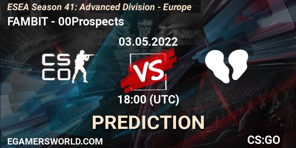 FAMBIT vs 00Prospects: Betting TIp, Match Prediction. 03.05.2022 at 18:00. Counter-Strike (CS2), ESEA Season 41: Advanced Division - Europe