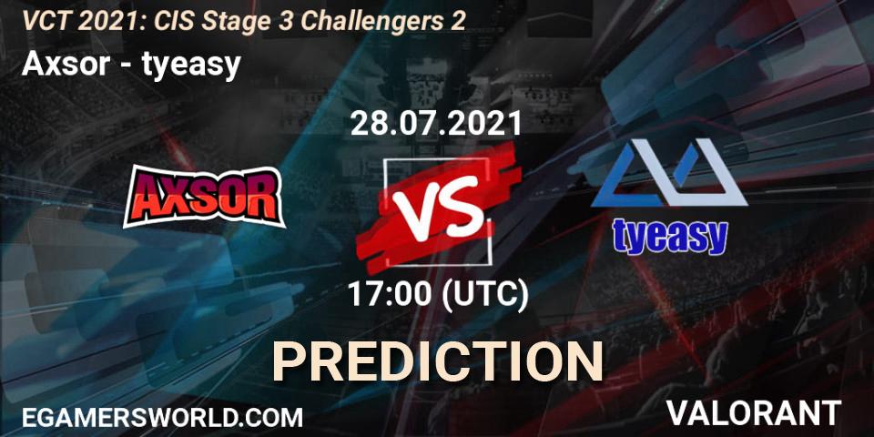 Axsor vs tyeasy: Betting TIp, Match Prediction. 28.07.2021 at 17:00. VALORANT, VCT 2021: CIS Stage 3 Challengers 2