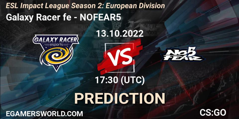 Galaxy Racer fe vs NOFEAR5: Betting TIp, Match Prediction. 13.10.2022 at 17:30. Counter-Strike (CS2), ESL Impact League Season 2: European Division