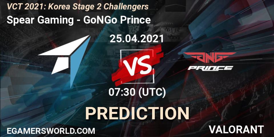 Spear Gaming vs GoNGo Prince: Betting TIp, Match Prediction. 25.04.2021 at 07:30. VALORANT, VCT 2021: Korea Stage 2 Challengers