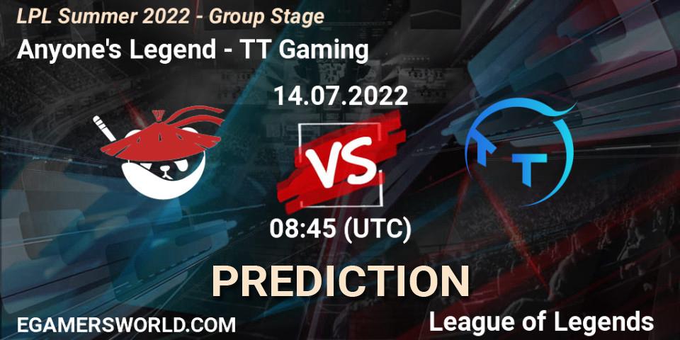 Anyone's Legend vs TT Gaming: Betting TIp, Match Prediction. 14.07.22. LoL, LPL Summer 2022 - Group Stage