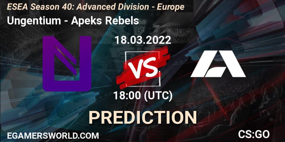 Ungentium vs Apeks Rebels: Betting TIp, Match Prediction. 18.03.2022 at 18:00. Counter-Strike (CS2), ESEA Season 40: Advanced Division - Europe