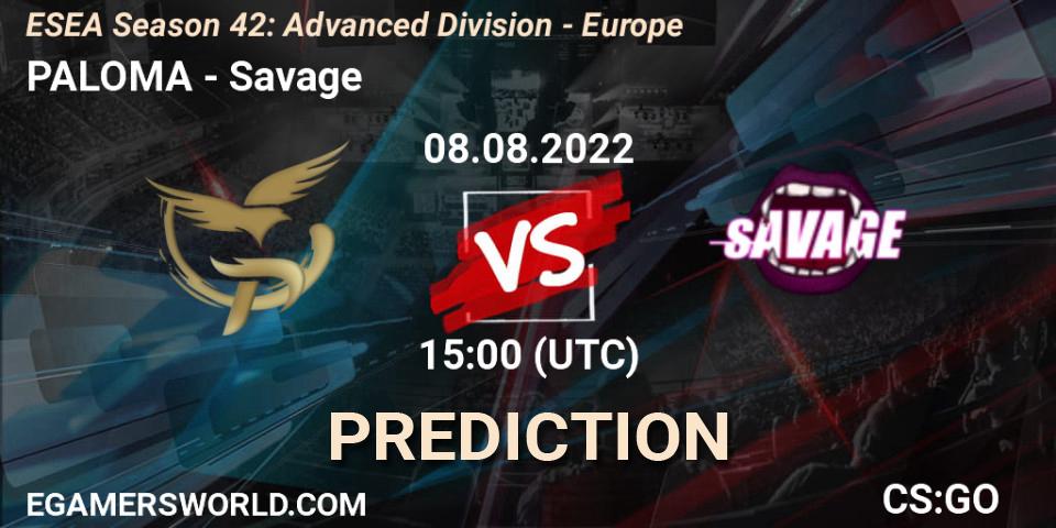 PALOMA vs Savage: Betting TIp, Match Prediction. 08.08.2022 at 15:00. Counter-Strike (CS2), ESEA Season 42: Advanced Division - Europe