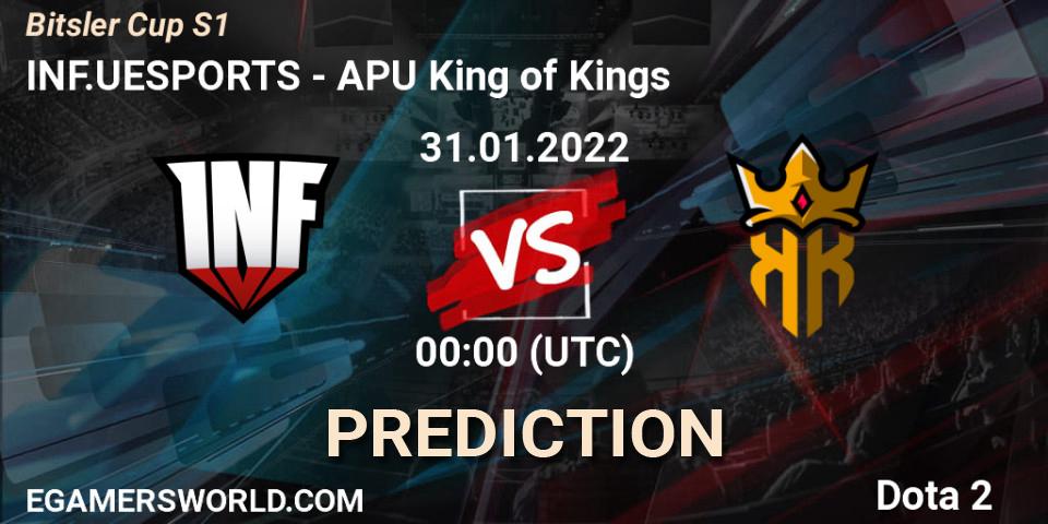 INF.UESPORTS vs APU King of Kings: Betting TIp, Match Prediction. 30.01.2022 at 21:05. Dota 2, Bitsler Cup S1