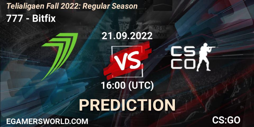 777 vs Bitfix: Betting TIp, Match Prediction. 21.09.2022 at 16:00. Counter-Strike (CS2), Telialigaen Fall 2022: Regular Season