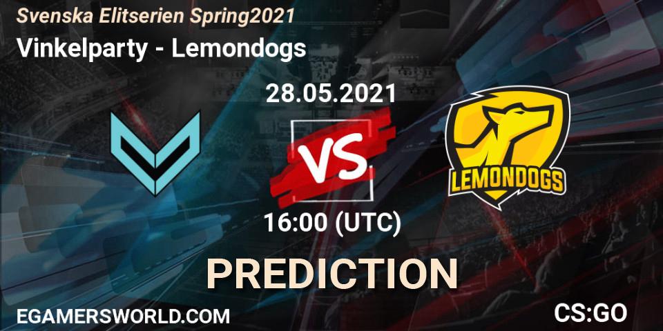 Vinkelparty vs Lemondogs: Betting TIp, Match Prediction. 28.05.2021 at 16:10. Counter-Strike (CS2), Svenska Elitserien Spring 2021
