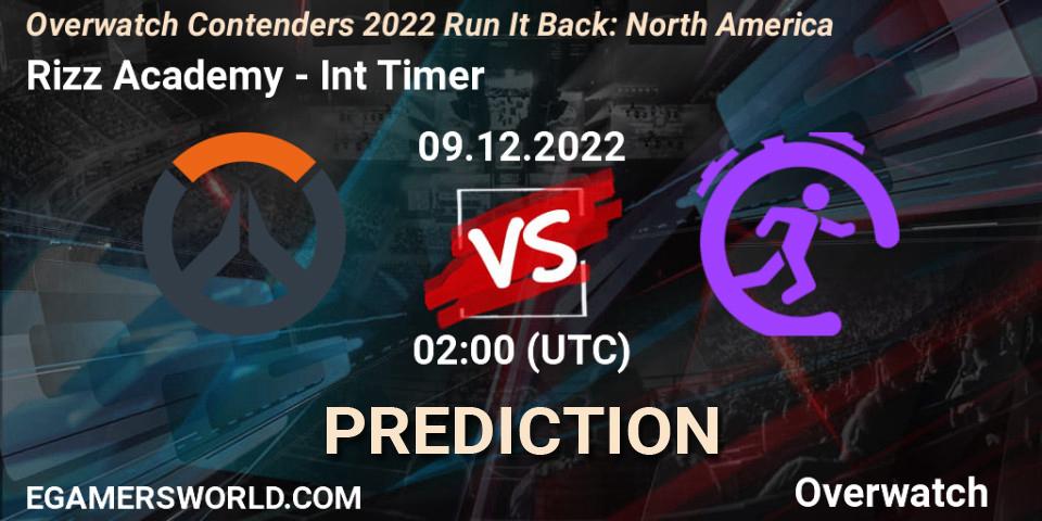 Rizz Academy vs Int Timer: Betting TIp, Match Prediction. 09.12.2022 at 02:00. Overwatch, Overwatch Contenders 2022 Run It Back: North America