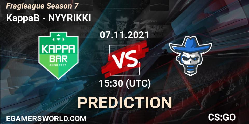 KappaB vs NYYRIKKI: Betting TIp, Match Prediction. 10.11.21. CS2 (CS:GO), Fragleague Season 7