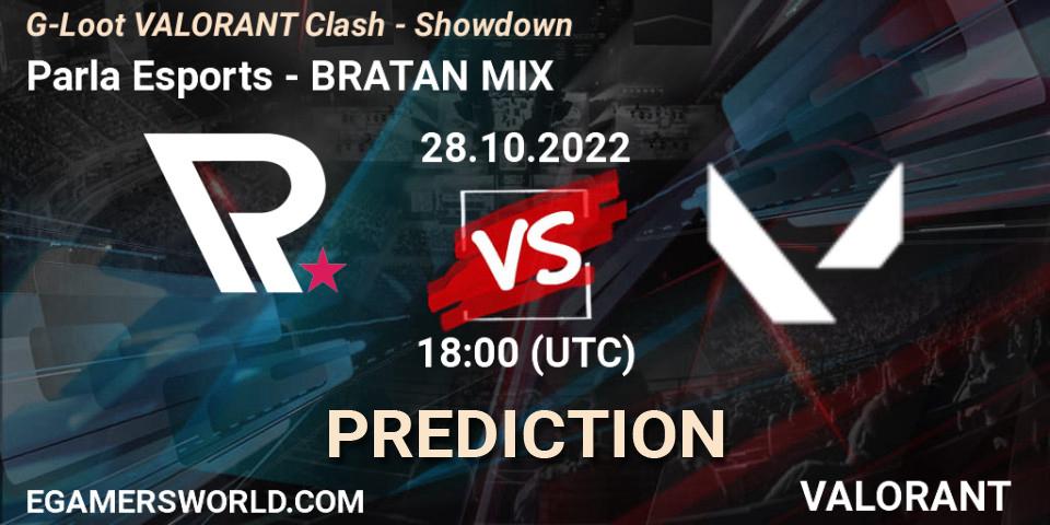 Parla Esports vs BRATAN MIX: Betting TIp, Match Prediction. 28.10.2022 at 18:10. VALORANT, G-Loot VALORANT Clash - Showdown
