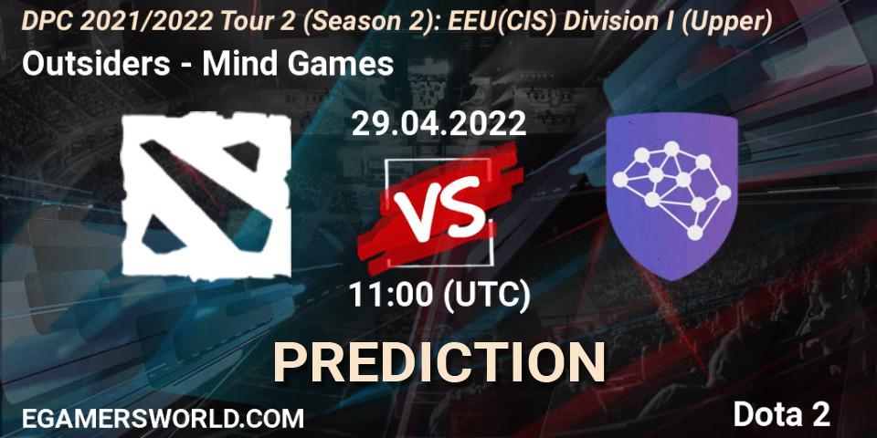 Outsiders vs Mind Games: Betting TIp, Match Prediction. 29.04.2022 at 11:00. Dota 2, DPC 2021/2022 Tour 2 (Season 2): EEU(CIS) Division I (Upper)