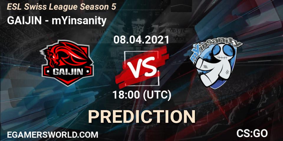 GAIJIN vs mYinsanity: Betting TIp, Match Prediction. 08.04.2021 at 18:00. Counter-Strike (CS2), ESL Swiss League Season 5