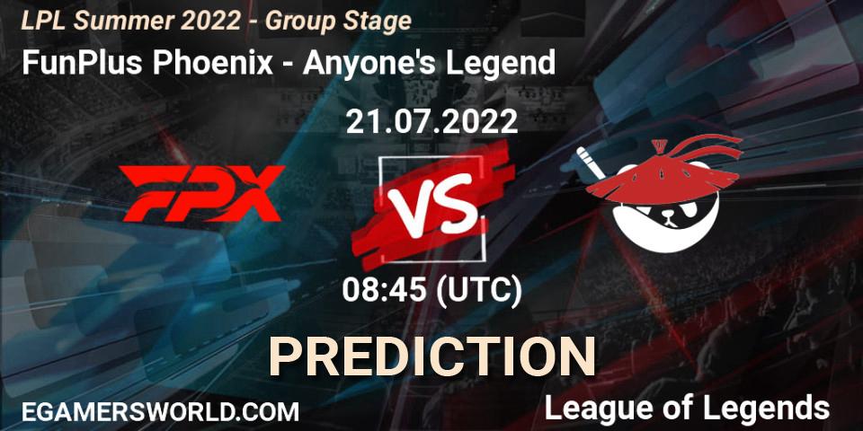 FunPlus Phoenix vs Anyone's Legend: Betting TIp, Match Prediction. 21.07.22. LoL, LPL Summer 2022 - Group Stage