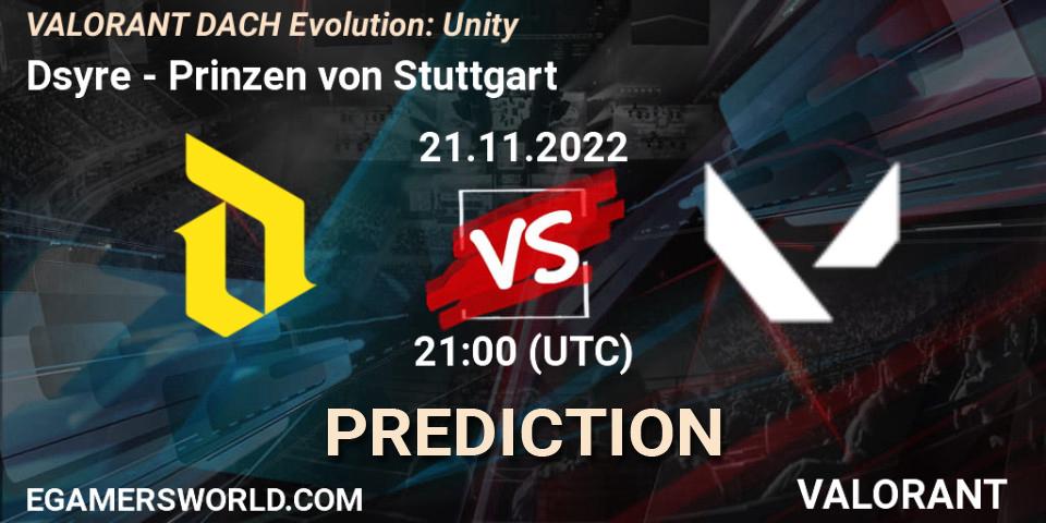 Dsyre vs Prinzen von Stuttgart: Betting TIp, Match Prediction. 21.11.2022 at 21:00. VALORANT, VALORANT DACH Evolution: Unity
