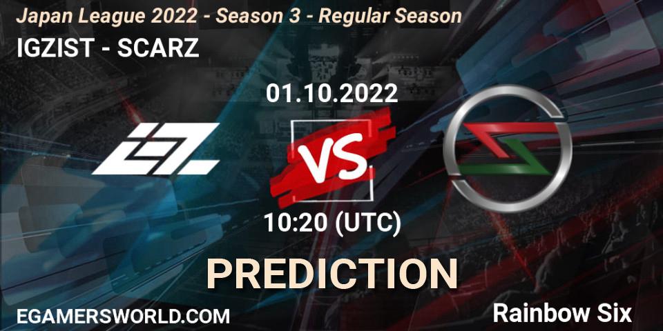 IGZIST vs SCARZ: Betting TIp, Match Prediction. 01.10.2022 at 10:20. Rainbow Six, Japan League 2022 - Season 3 - Regular Season