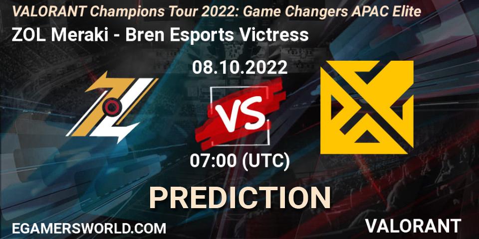 ZOL Meraki vs Bren Esports Victress: Betting TIp, Match Prediction. 08.10.2022 at 08:30. VALORANT, VCT 2022: Game Changers APAC Elite