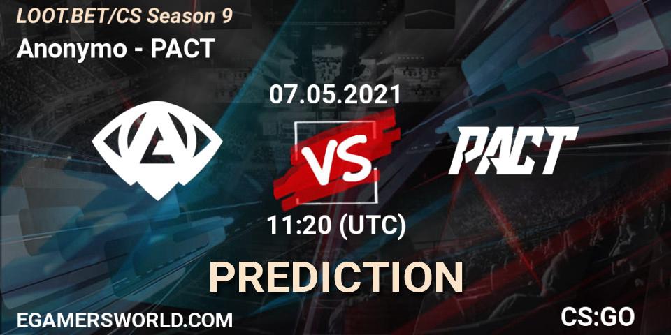 Anonymo vs PACT: Betting TIp, Match Prediction. 07.05.2021 at 11:20. Counter-Strike (CS2), LOOT.BET/CS Season 9
