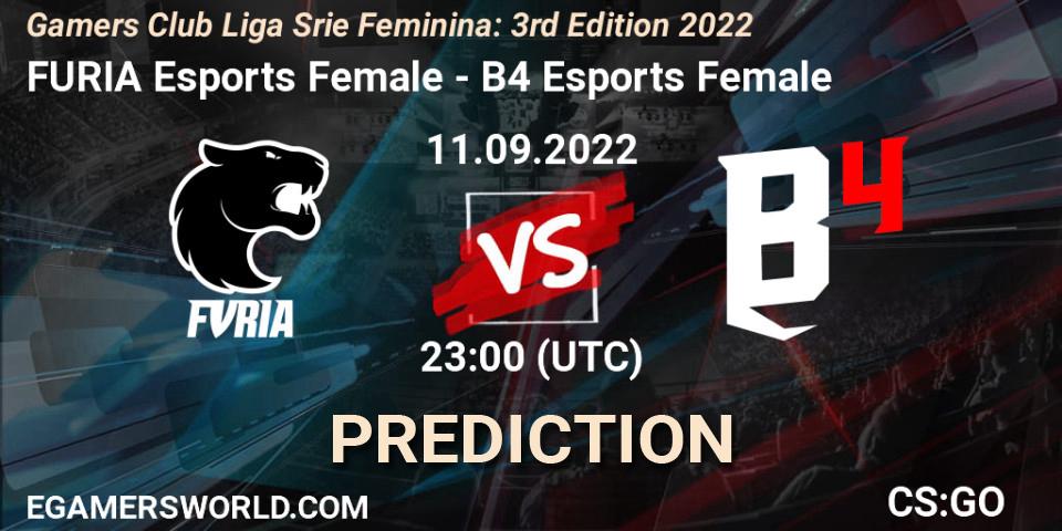 FURIA Esports Female vs B4 Esports Female: Betting TIp, Match Prediction. 11.09.2022 at 23:00. Counter-Strike (CS2), Gamers Club Liga Série Feminina: 3rd Edition 2022