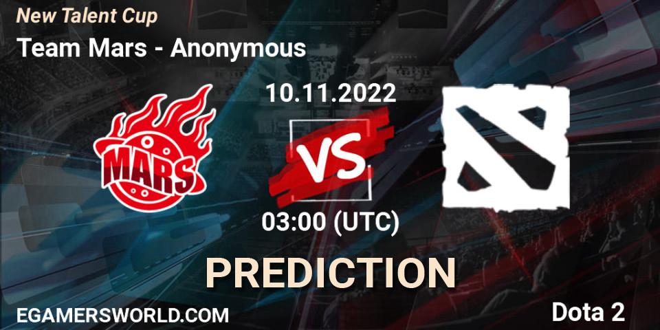 Team Mars vs Anonymous: Betting TIp, Match Prediction. 10.11.2022 at 03:08. Dota 2, New Talent Cup