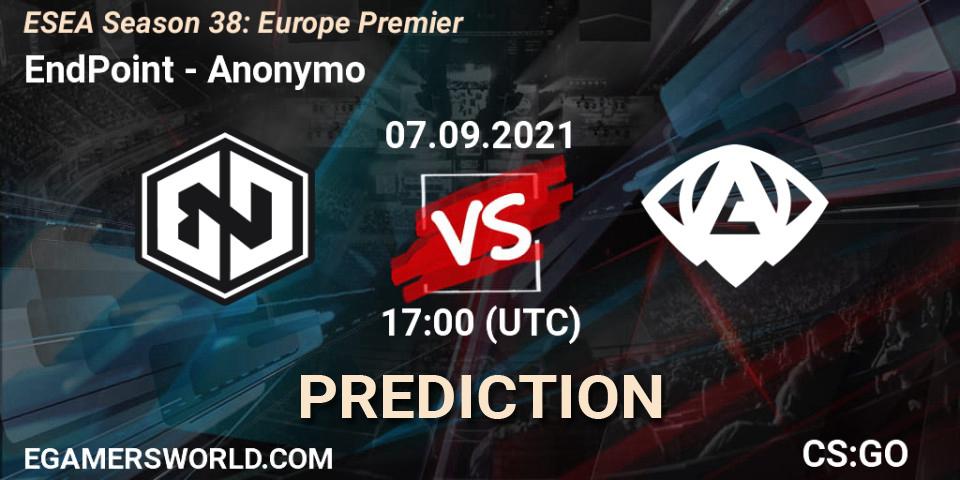 EndPoint vs Anonymo: Betting TIp, Match Prediction. 07.09.2021 at 17:00. Counter-Strike (CS2), ESEA Season 38: Europe Premier