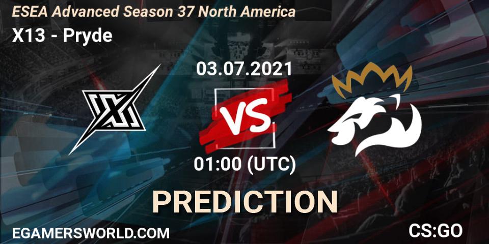 X13 vs Pryde: Betting TIp, Match Prediction. 03.07.2021 at 01:00. Counter-Strike (CS2), ESEA Advanced Season 37 North America