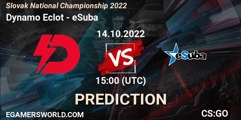 Dynamo Eclot vs eSuba: Betting TIp, Match Prediction. 14.10.2022 at 15:25. Counter-Strike (CS2), Slovak National Championship 2022