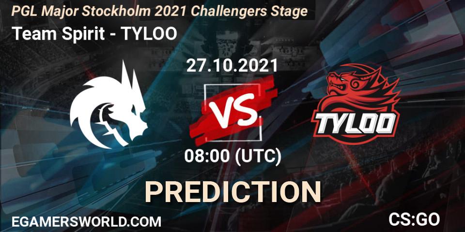 Team Spirit vs TYLOO: Betting TIp, Match Prediction. 27.10.2021 at 08:10. Counter-Strike (CS2), PGL Major Stockholm 2021 Challengers Stage