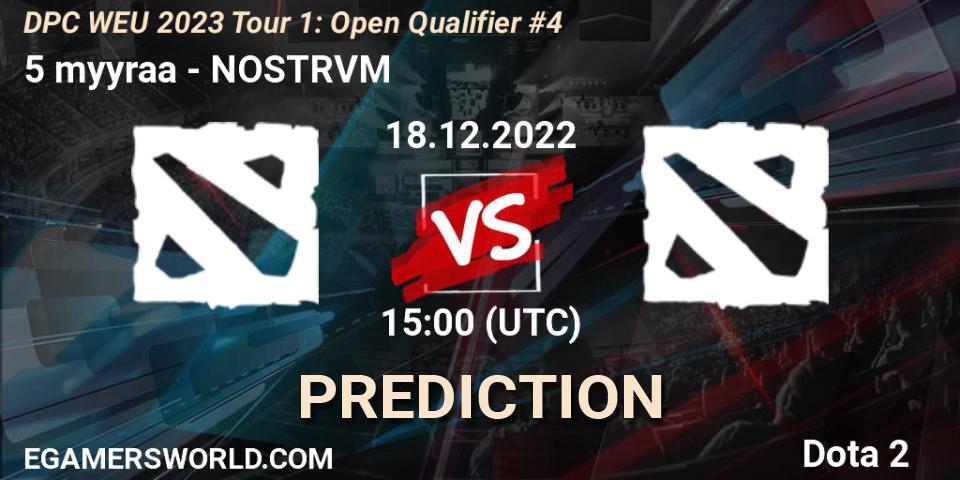 5 myyraa vs NOSTRVM: Betting TIp, Match Prediction. 18.12.2022 at 15:03. Dota 2, DPC WEU 2023 Tour 1: Open Qualifier #4