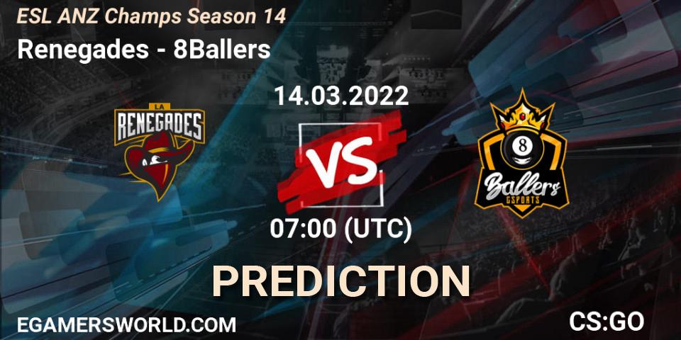 Renegades vs 8Ballers: Betting TIp, Match Prediction. 14.03.2022 at 07:00. Counter-Strike (CS2), ESL ANZ Champs Season 14