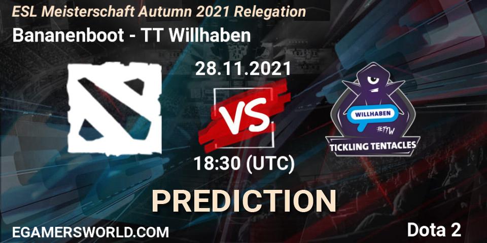 Bananenboot vs TT Willhaben: Betting TIp, Match Prediction. 28.11.2021 at 18:33. Dota 2, ESL Meisterschaft Autumn 2021 Relegation