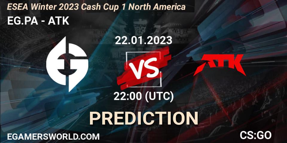 EG.PA vs ATK: Betting TIp, Match Prediction. 22.01.2023 at 22:05. Counter-Strike (CS2), ESEA Cash Cup: North America - Winter 2023 #1